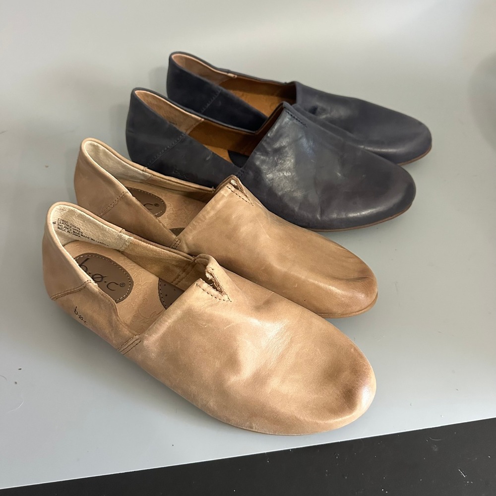 Lot of 2 b.o.c. Born Concept Leather Loafers Tan Navy Blue Slip On Flats 9.5M